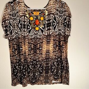 Ruby Rd Black Brown White Patterned Blouse Colorful Stones